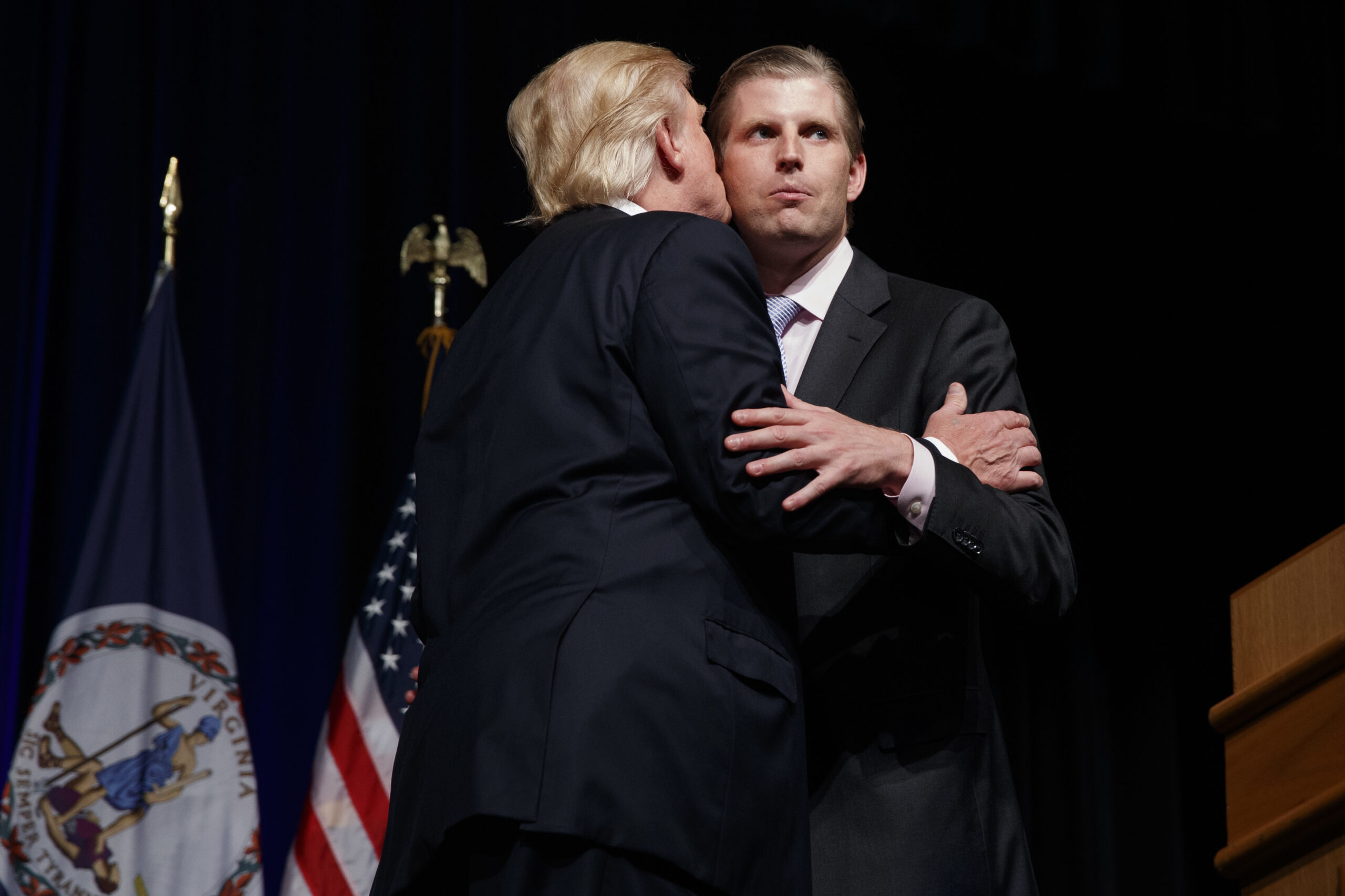 Republican presidential candidate Donald Trump kisses his son Eric Trump during a campaign rally at Briar Woods High School, Tuesday, Aug. 2, 2016, in Ashburn, Va. (AP Photo/Evan Vucci) (AP Photo/Evan Vucci)