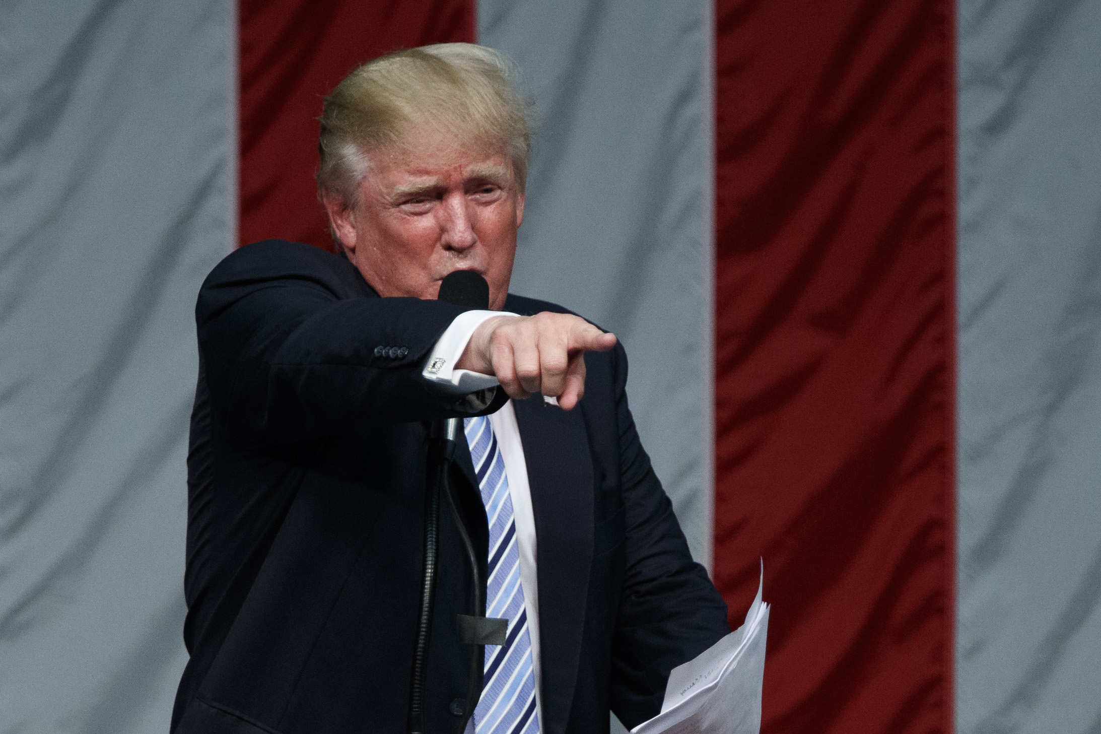 Republican presidential candidate Donald Trump speaks during a campaign rally at Sacred Heart University, Saturday, Aug. 13, 2016, in Fairfield, Conn. (AP Photo/Evan Vucci) (AP)