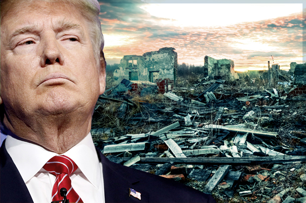 Donald Trump; Rubble. (AP/Rick Wilking/<a href='http://www.shutterstock.com/g/nouskrabs'>nouskrabs</a> via <a href='http://www.shutterstock.com/'>Shutterstock</a>/Salon)