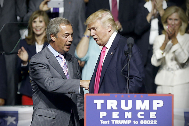 Donald Trump welcomes Nigel Farage to speak at a rally in Jackson, Miss. (AP/Gerald Herbert)