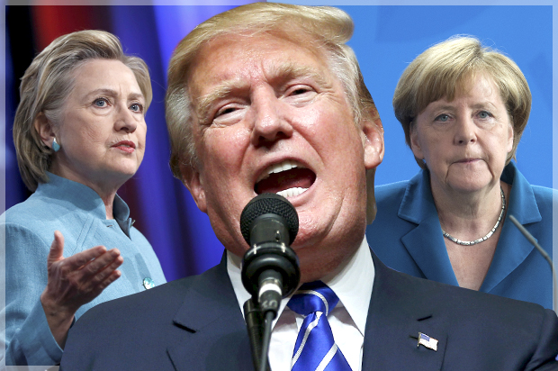 Hillary Clinton; Donald Trump; Angela Merkel (Reuters/Chris Bergin/Brian Snyder/Stefanie Loos/Photo montage by Salon)