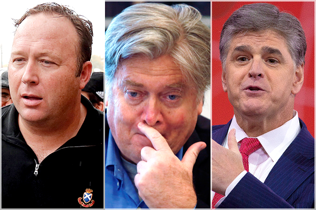 Alex Jones; Stephen Bannon; Sean Hannity (Reuters/Jim Bourg/Carlo Allegri/Jeff Malet, maletphoto.com)