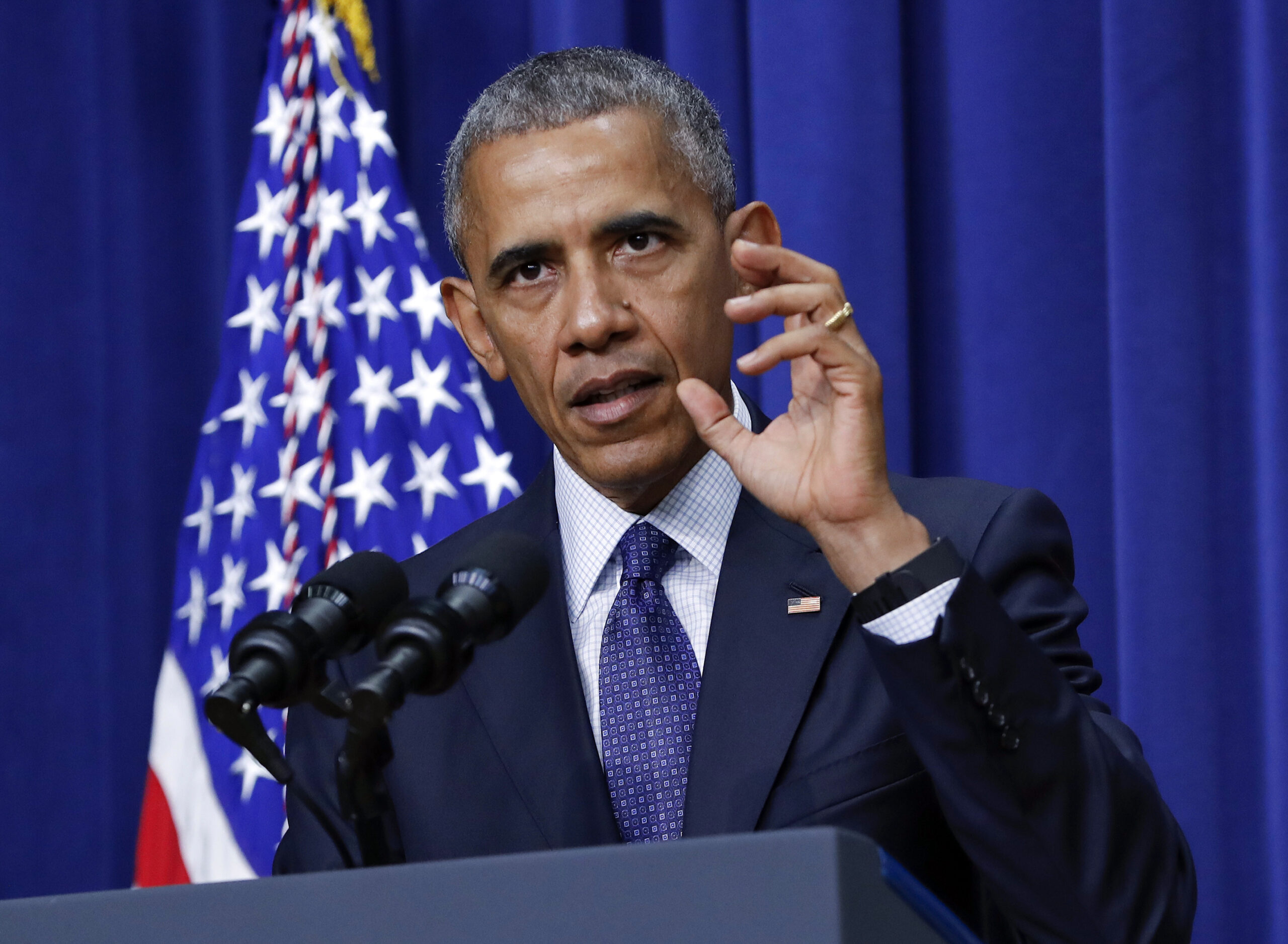 FILE - In this July 22, 2016 file photo, President Barack Obama speaks in the South Court Auditorium of the White House complex in Washington. After a slow start, it appears increasingly likely that the Obama administration will hit its goal of admitting 10,000 Syrian refugees into the United States before the end of September.  (AP Photo/Pablo Martinez Monsivais, File) (AP)