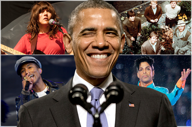 Barack Obama; Clockwise, from top left: Courtney Barnett, The Beach Boys, Prince, Pharrell Williams. (AP/Jacquelyn Martin/Barry Brecheisen/David J. Phillip/Reuters/Dylan Martinez)
