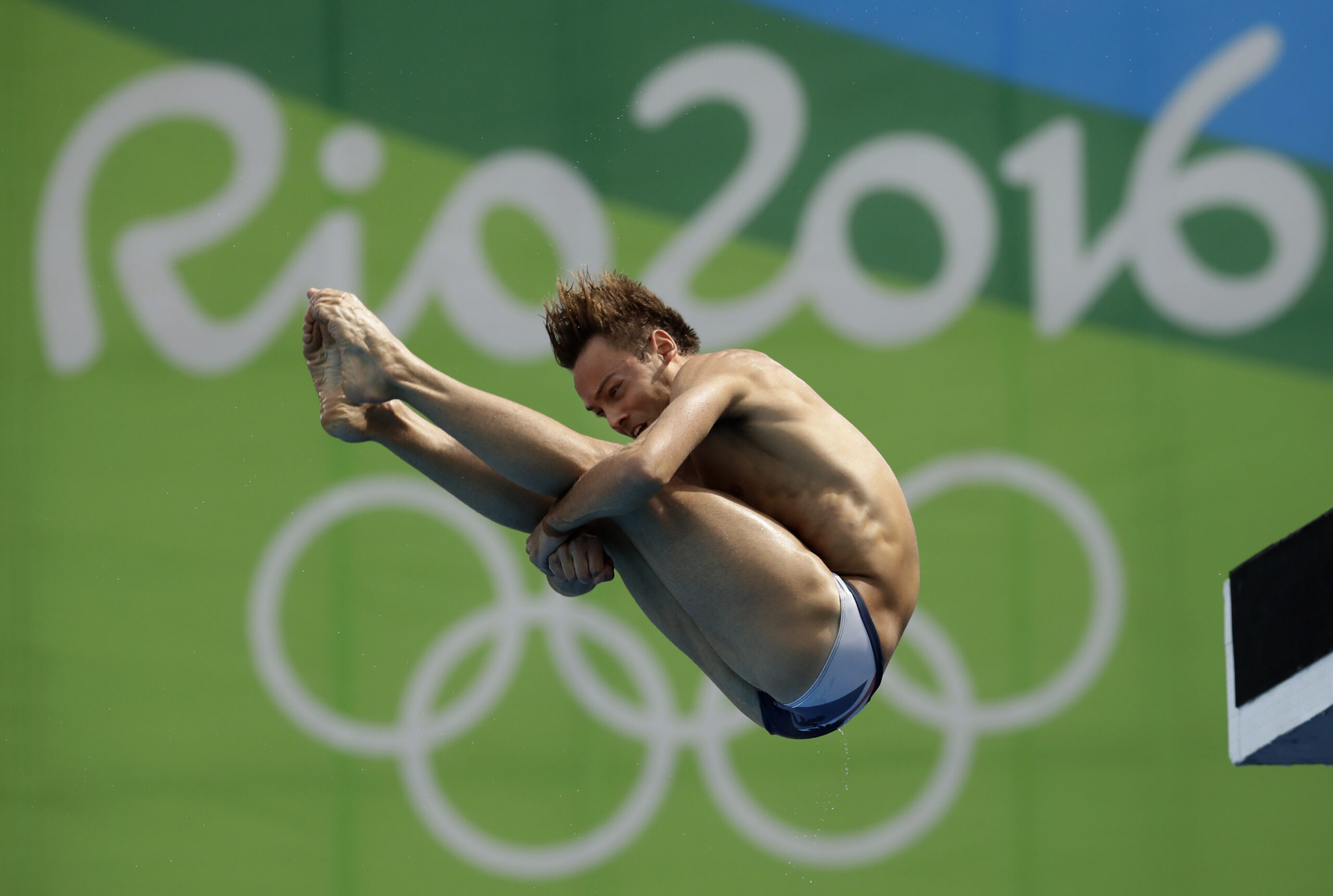 Britain's Thomas Daley competes during a 10-meter platform diving semi final in the Maria Lenk Aquatic Center at the 2016 Summer Olympics in Rio de Janeiro, Brazil, Saturday, Aug. 20, 2016. (AP Photo/Michael Sohn) (AP)