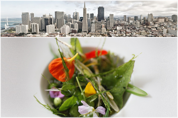 San Francisco skyline; a dish of foraged foods made by Josh Skenes at Saison. (<a href='http://www.shutterstock.com/g/Andrey+Bayda'>Andrey Bayda</a> via <a href='http://www.shutterstock.com/'>Shutterstock</a>/AP/Eric Risberg)