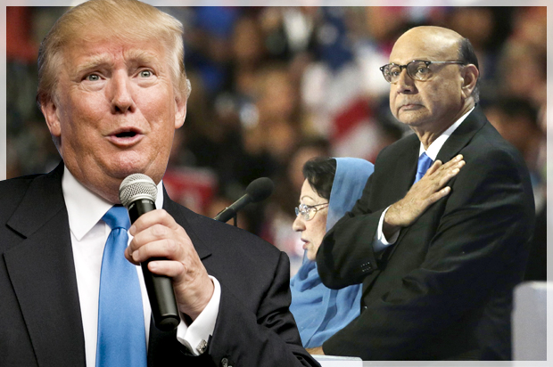 Donald Trump; Khizr and Ghazala Khan (Reuters/Dominick Reuter/Gary Cameron/Photo montage by Salon)