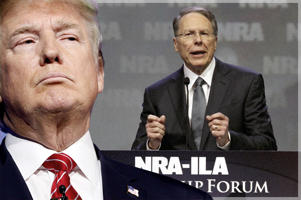 Donald Trump; Wayne LaPierre (AP/Rick Wilking/Reuters/John Sommers II/Photo montage by Salon)