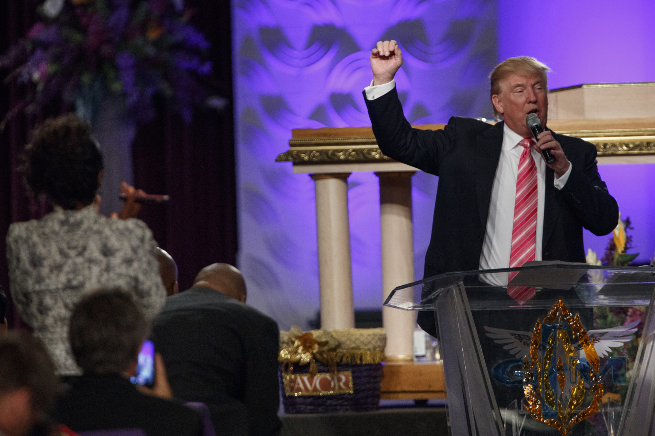Donald Trump speaks during a church service at Great Faith Ministries, Saturday in Detroit. (AP)