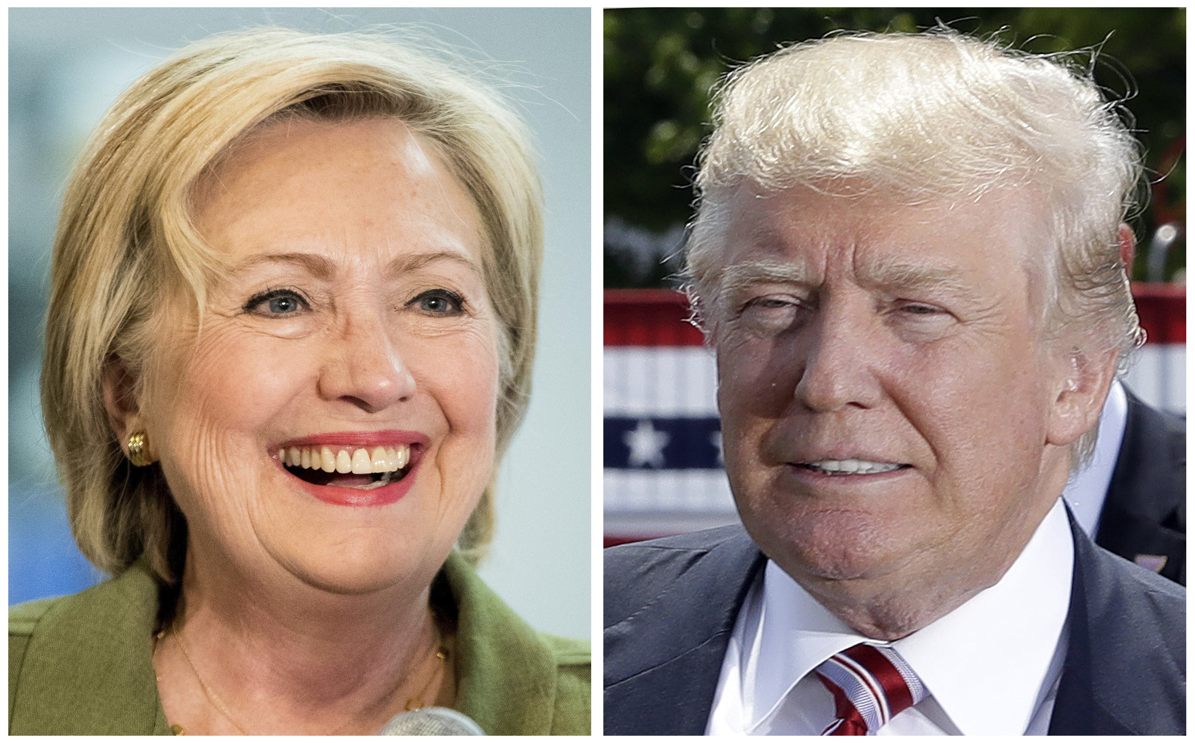 Democratic presidential candidate Hillary Clinton, left, and Republican presidential candidate Donal Trump in these 2016 file photos. Young people across racial and ethnic lines are more likely to say they trust Hillary Clinton than Donald Trump to handle instances of police violence against African-Americans. But young whites are more likely to say they trust Trump to handle violence committed against the police.   (AP Photo) (AP)