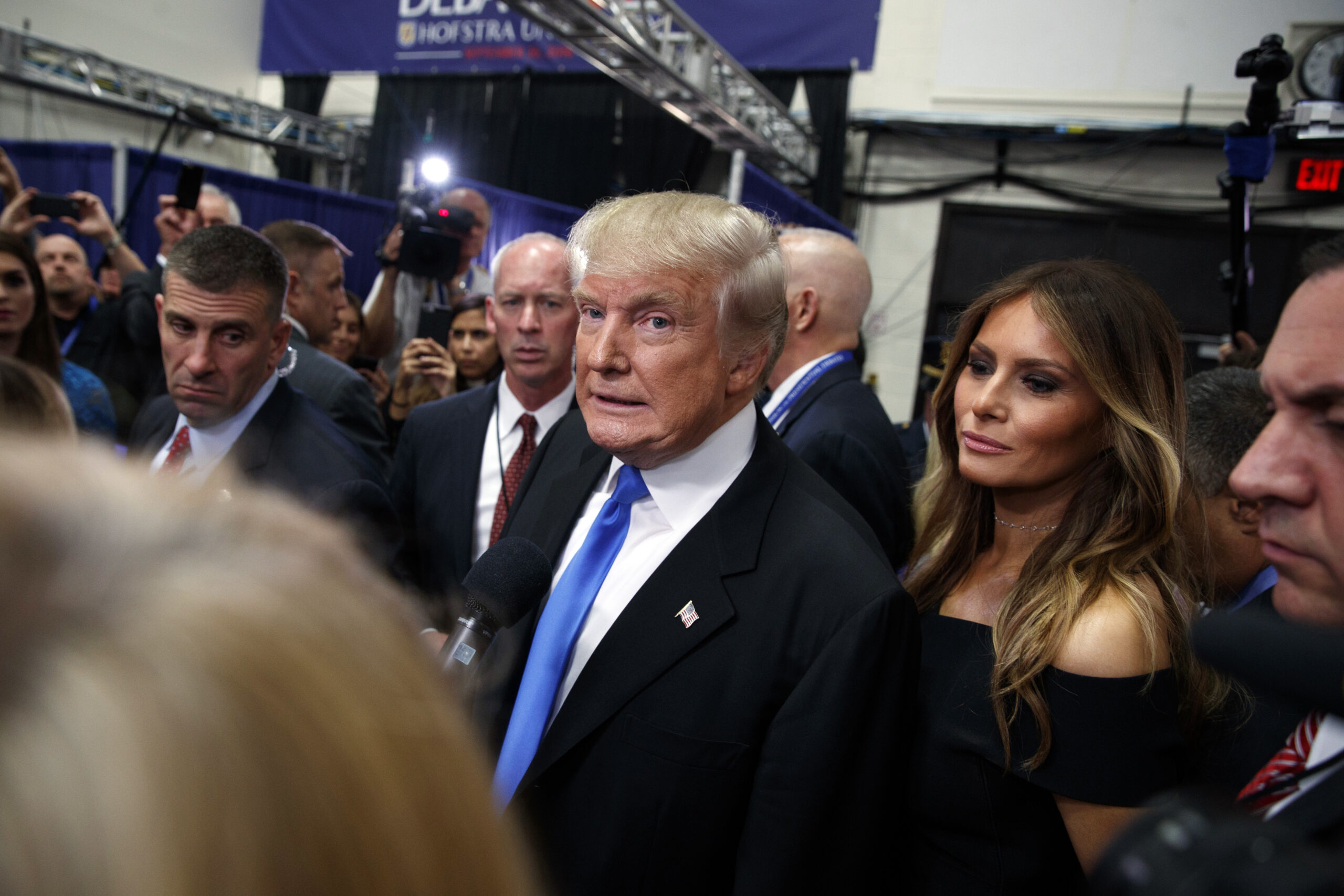 Republican presidential candidate Donald Trump speaks with reporters in the spin room after the first presidential debate. (AP Photo/ Evan Vucci)