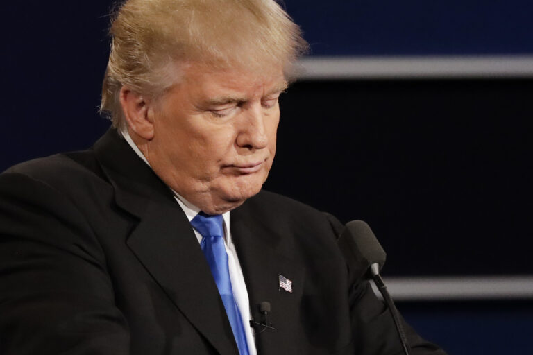 Republican presidential nominee Donald Trump listens to an answer to a question from Democratic presidential nominee Hillary Clinton during the presidential debate at Hofstra University in Hempstead, N.Y., Monday, Sept. 26, 2016. (AP Photo/David Goldman) (AP)