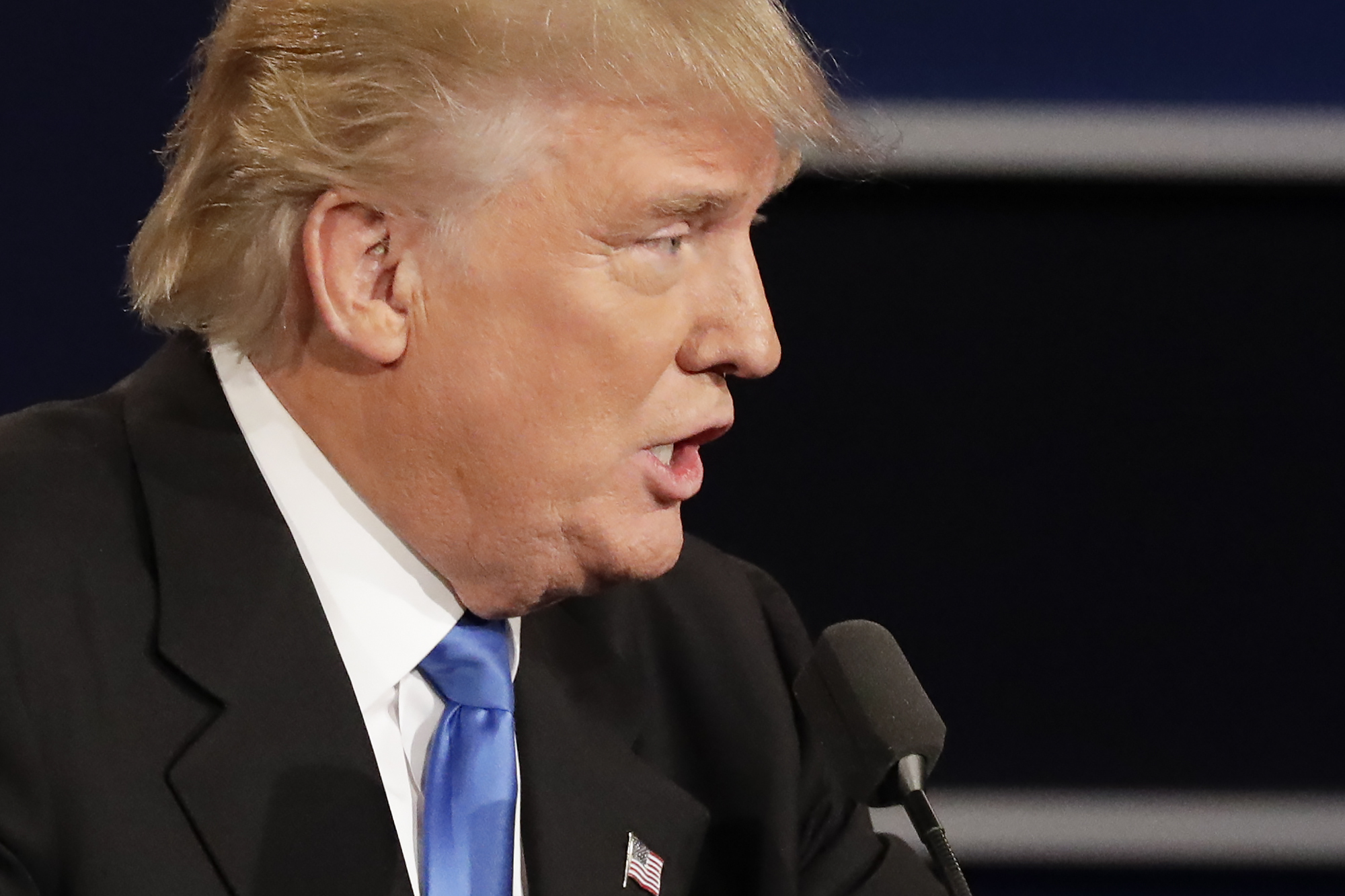 Republican presidential nominee Donald Trump answers a question during the presidential debate with Democratic presidential nominee Hillary Clinton at Hofstra University in Hempstead, N.Y., Monday, Sept. 26, 2016. (AP Photo/David Goldman) (AP)