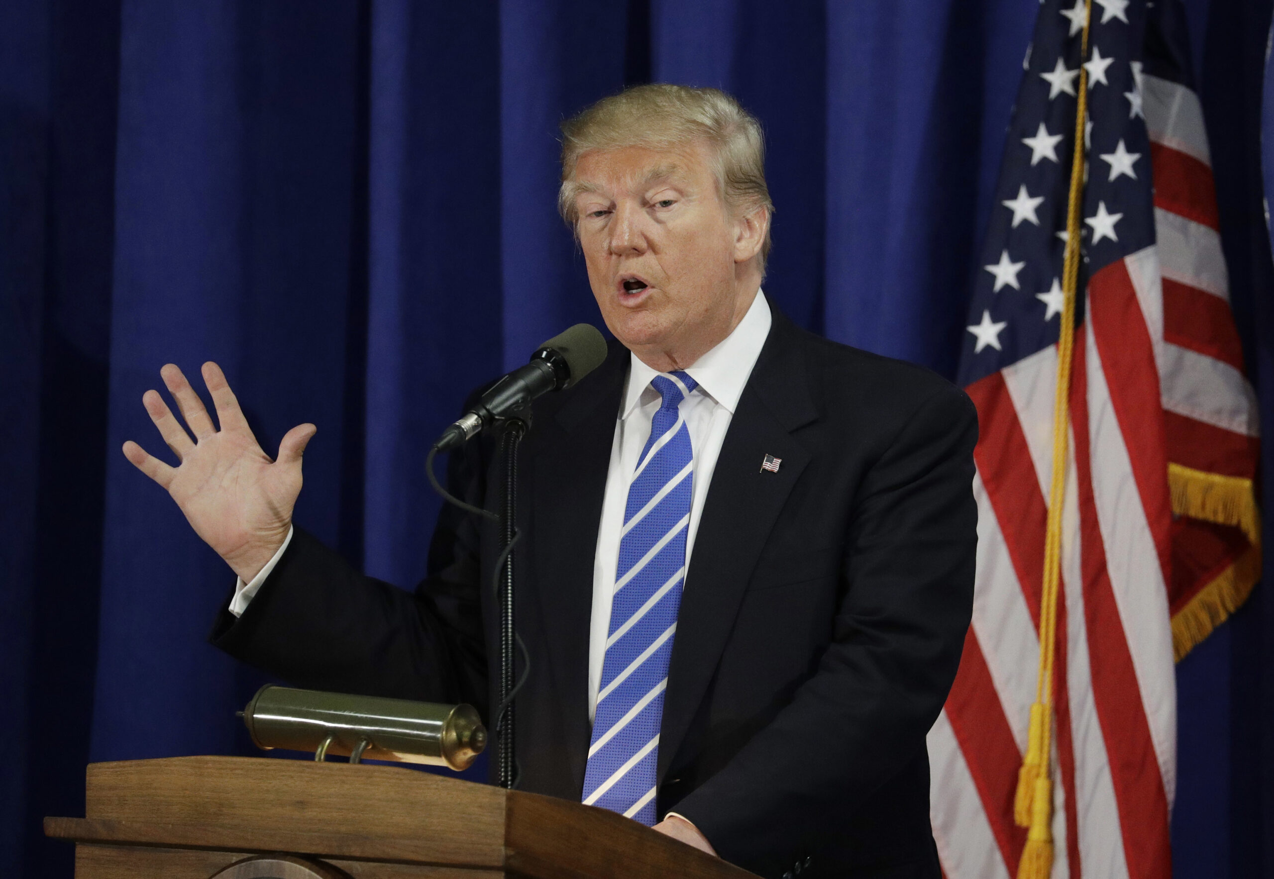 Republican presidential candidate Donald Trump speaks at the Polish National Alliance, Wednesday, Sept. 28, 2016, in Chicago. Trump’s ambiguous answer to a debate question on nuclear restraint raised doubts about his understanding of the issue. On the other hand, his words actually mirror the nub of a policy argument inside the Obama administration. (AP Photo/John Locher) (AP)