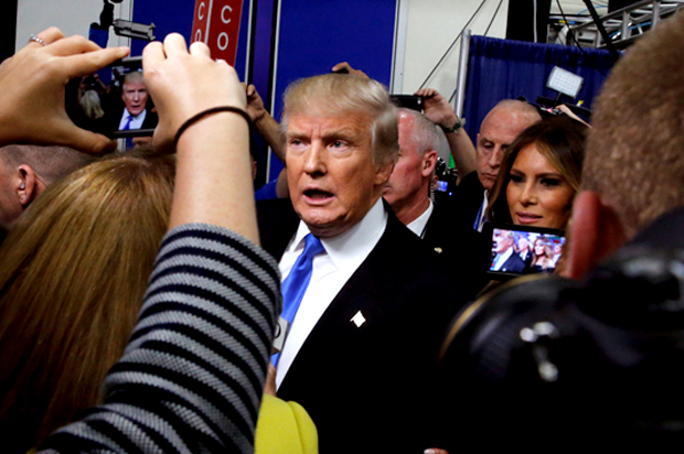 Donald Trump talks to reporters in the spin room after the Presidential Debate, September 26, 2016. (Reuters/Jonathan Ernst)