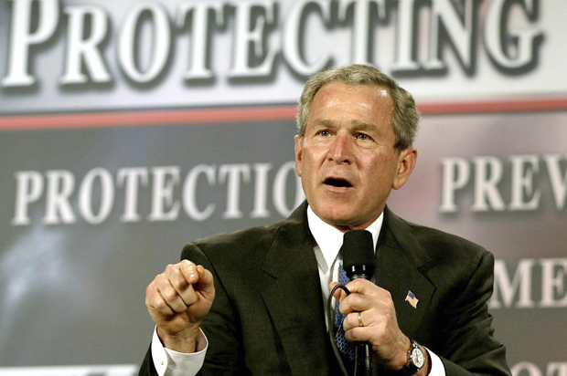 George W. Bush participates in a conversation on the USA Patriot Act, April 20, 2004 in Buffalo, New York. (Getty/Luke Frazza)