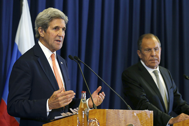 John Kerry and Russian Foreign Minister Sergey Lavrov hold a press conference following their meeting in Geneva, Sept. 9, 2016. (AP/Kevin Lamarque)