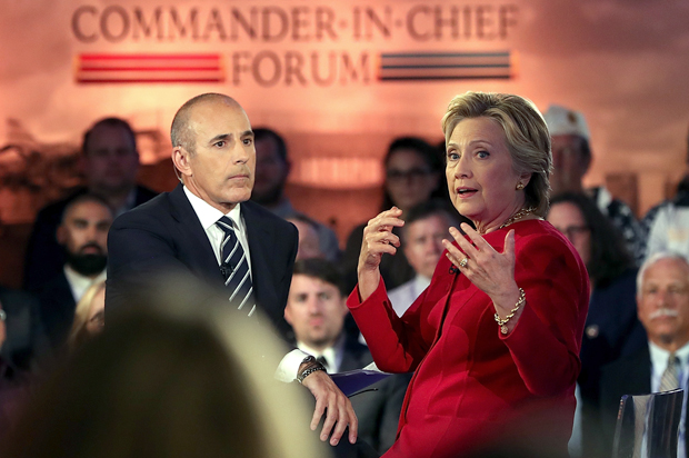 Matt Lauer and Hillary Clinton at the NBC News Commander-in-Chief Forum on September 7, 2016 in New York City. (Getty/Justin Sullivan)