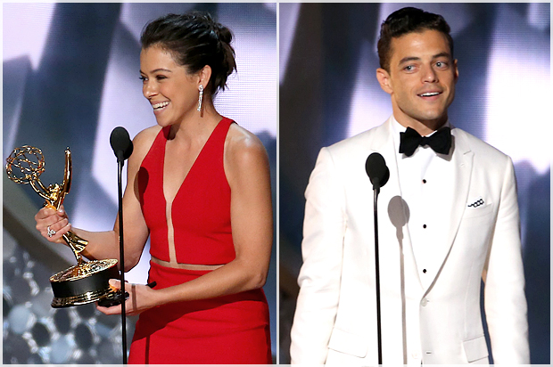 Tatiana Maslany; Rami Malek accept awards at the 68th Primetime Emmy Awards, September 18, 2016. (Reuters/Mike Blake)