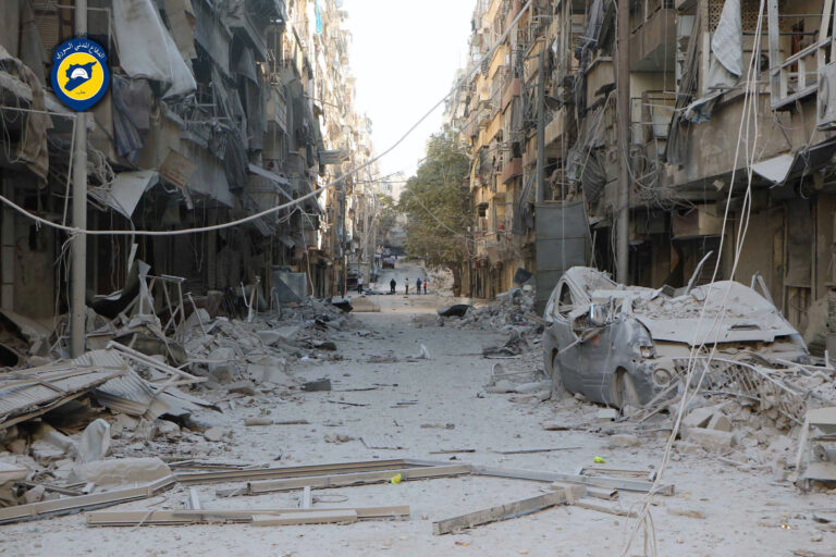 In this photo provided by the Syrian Civil Defense group known as the White Helmets, shows heavily damaged buildings after airstrikes hit in Aleppo, Syria. (AP)