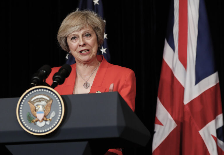 British Prime Minister Theresa May talks to media with U.S. President Barack Obama after their bilateral meeting in Hangzhou in eastern China's Zhejiang province, Sunday, Sept. 4, 2016, alongside the G20. (AP Photo/Carolyn Kaster) (AP)