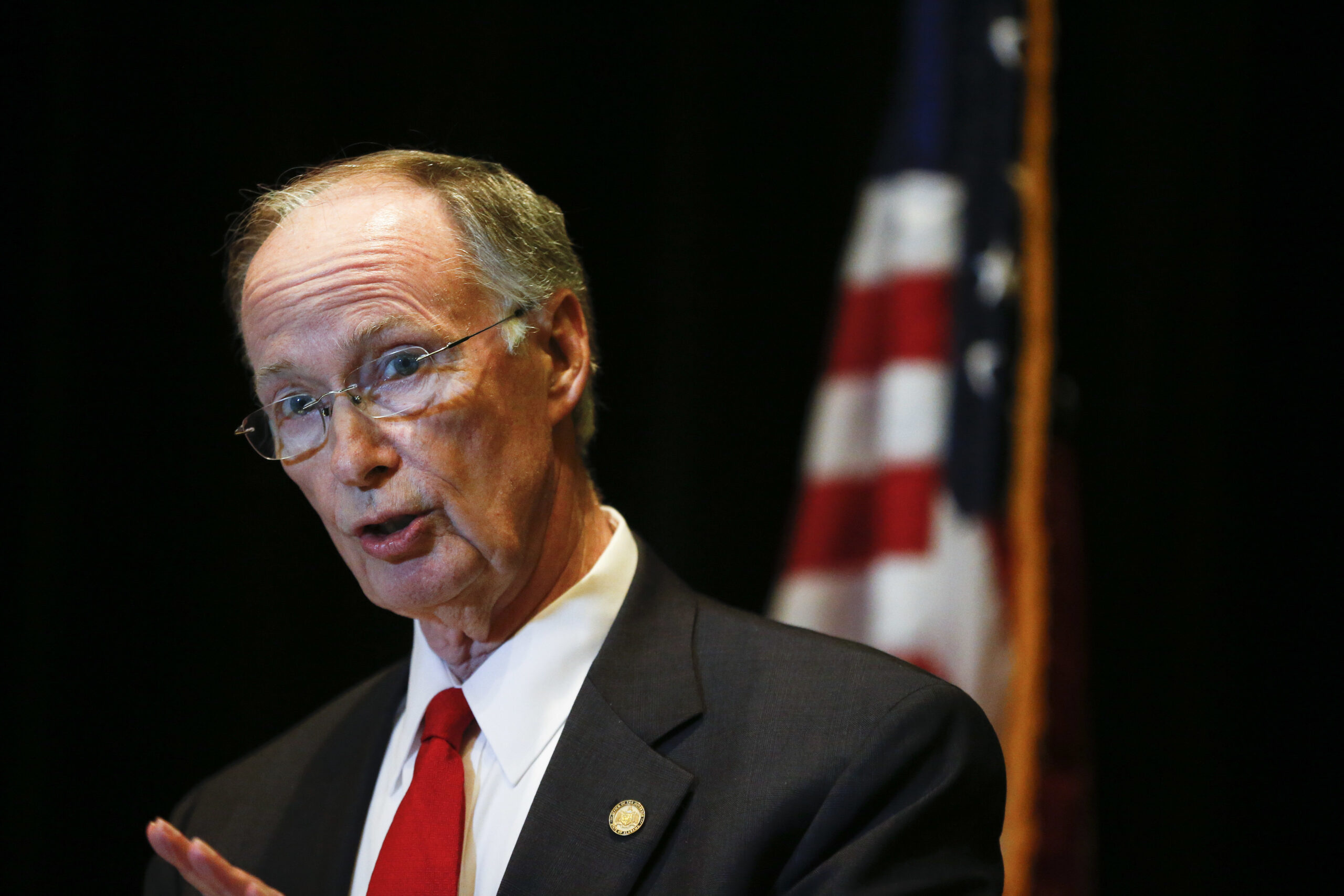 Alabama Gov. Robert Bentley speaks to the media during a news conference, Monday, Sept. 19, 2016, in Hoover, Ala. Bentley issued a state of emergency in Alabama after a pipeline spill near Helena, Ala. Gas prices spiked and drivers found "out of service" bags covering pumps as the gas shortage in the South rolled into the work week, raising fears that the disruptions could become more widespread. (AP Photo/Brynn Anderson) (AP)