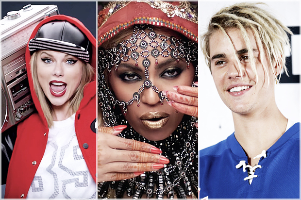 Taylor Swift; Beyoncé; Justin Bieber (TaylorSwiftVEVO/YouTube/Coldplay-Official/Reuters/Danny Moloshok)