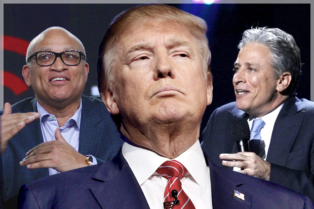 Larry Wilmore; Donald Trump; Jon Stewart (AP/Reuters/David McNew/Rick Wilking/Lucas Jackson/Photo montage by Salon)