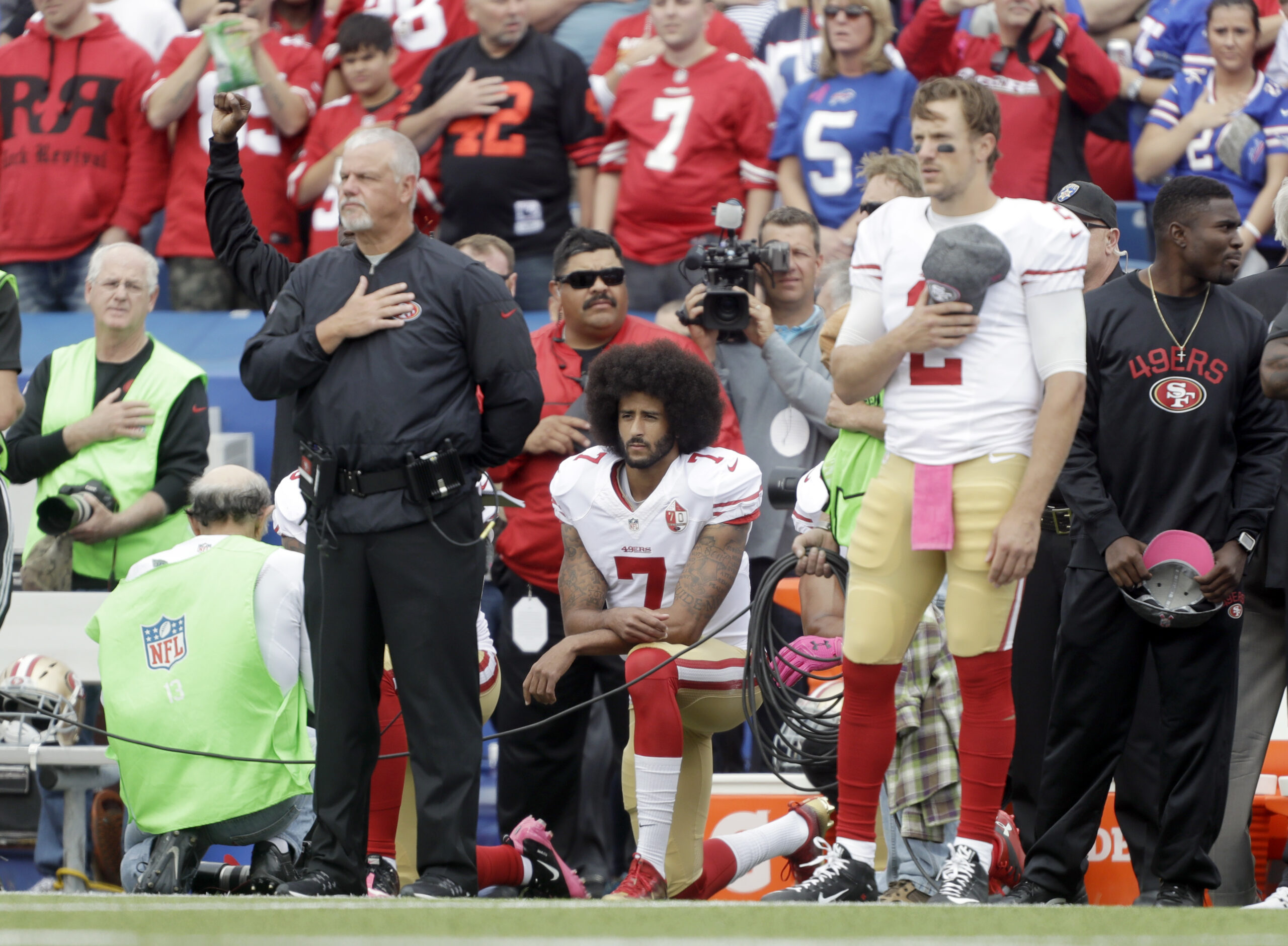 San Francisco 49ers quarterback Colin Kaepernick (7) kneels during the national anthem before an NFL football game against the Buffalo Bills on Sunday, Oct. 16, 2016, in Orchard Park, N.Y. (AP Photo/Mike Groll) (AP)
