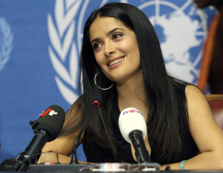 Mexican actress Salma Hayek, spokeswoman for the global Pampers/UNICEF campaign "One Pack = One Vaccine", reacts during a press conference to announce the partnership between UNICEF and Pampers aimed at eliminating maternal and newborn tetanus, at the United Nations building in Geneva, Switzerland, Thursday, Oct. 2, 2008. (AP Photo/Keystone, Martial Trezzini) (AP)