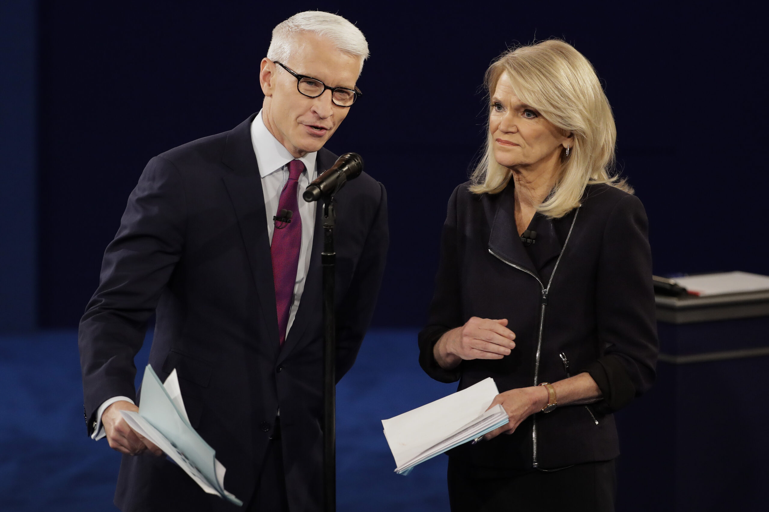 Moderators Anderson Cooper, of CNN, and Martha Raddatz, of ABC News talk to the audience before the second presidential debate at Washington University in St. Louis, Sunday, Oct. 9, 2016. (AP Photo/Julio Cortez) (AP)