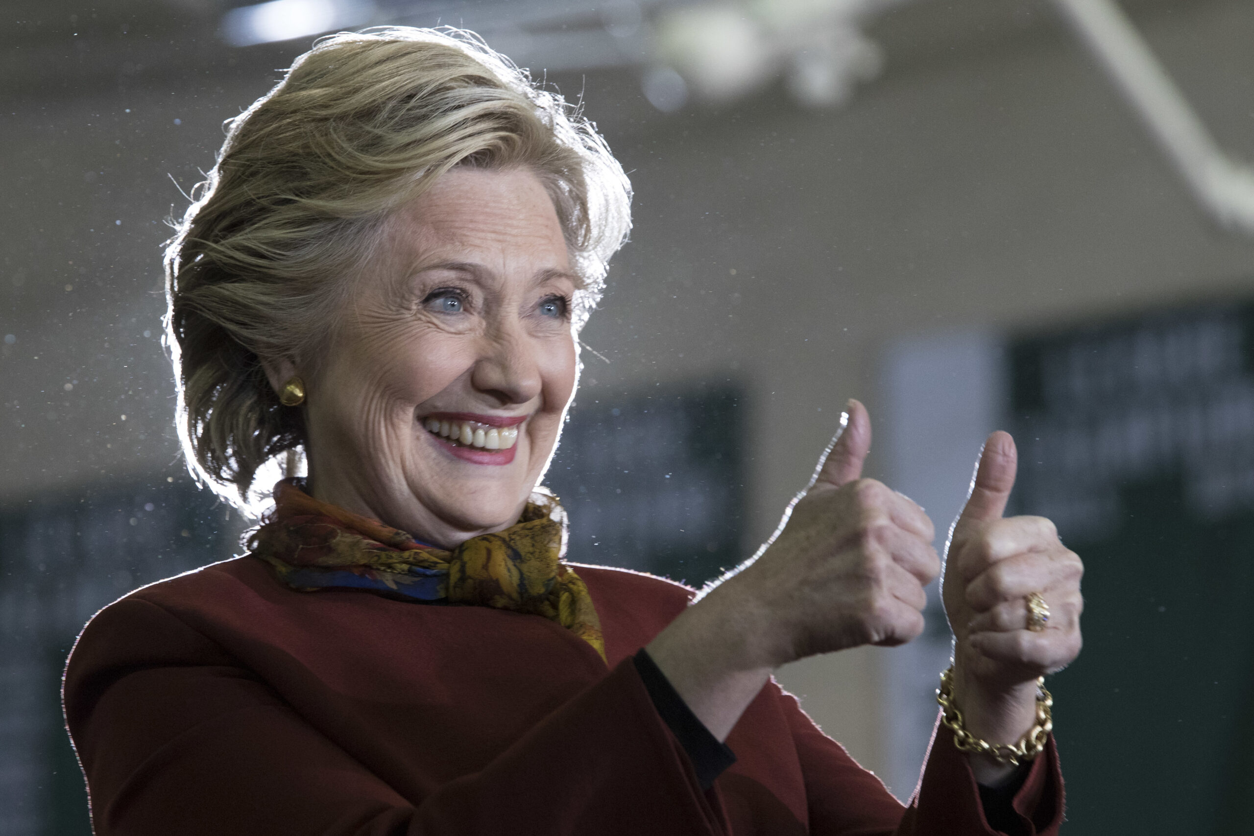Democratic presidential candidate Hillary Clinton gestures at supporters during a campaign event at the Taylor Allderdice High School, Saturday, Oct. 22, 2016, in Pittsburgh, Pa. (AP)