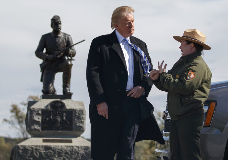 Interpretive park ranger Caitlin Kostic speaks to Republican presidential candidate Donald Trump as she gives him a tour at Gettysburg National Military Park Saturday, Oct. 22, 2016, in Gettysburg, Pa. (AP)