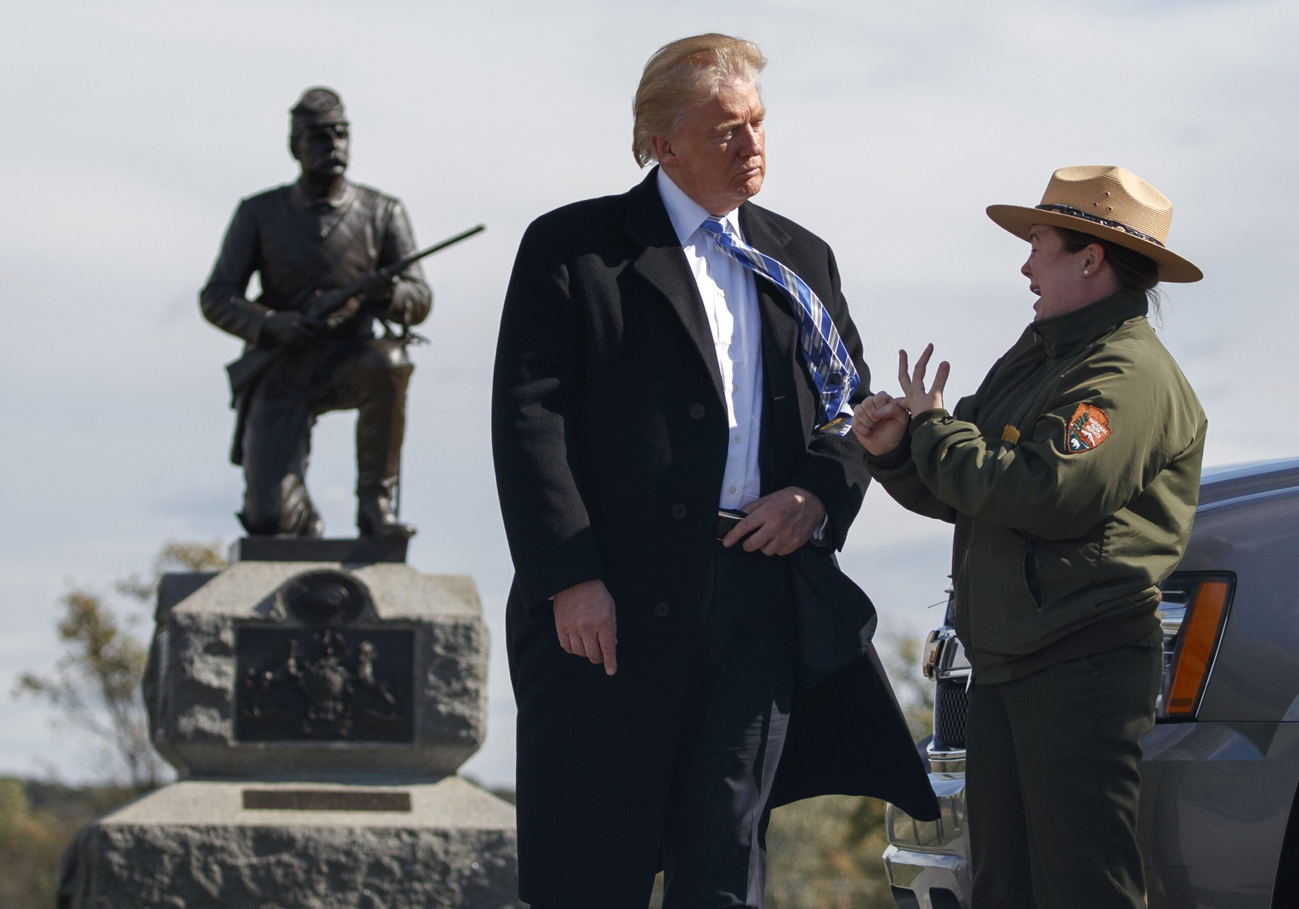 Interpretive park ranger Caitlin Kostic speaks to Republican presidential candidate Donald Trump as she gives him a tour at Gettysburg National Military Park Saturday, Oct. 22, 2016, in Gettysburg, Pa. (AP)