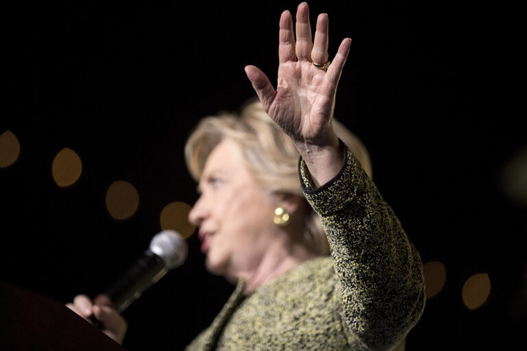 Democratic presidential candidate Hillary Clinton speaks at a rally at the Smith Center for the Performing Arts in Las Vegas, Wednesday, Oct. 12, 2016. (AP Photo/Andrew Harnik) (AP)