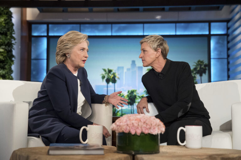 Democratic presidential candidate Hillary Clinton speaks with Ellen Degeneres during a commercial break at a taping of The Ellen Show in Burbank, Thursday, Oct. 13, 2016. (AP Photo/Andrew Harnik) (AP)