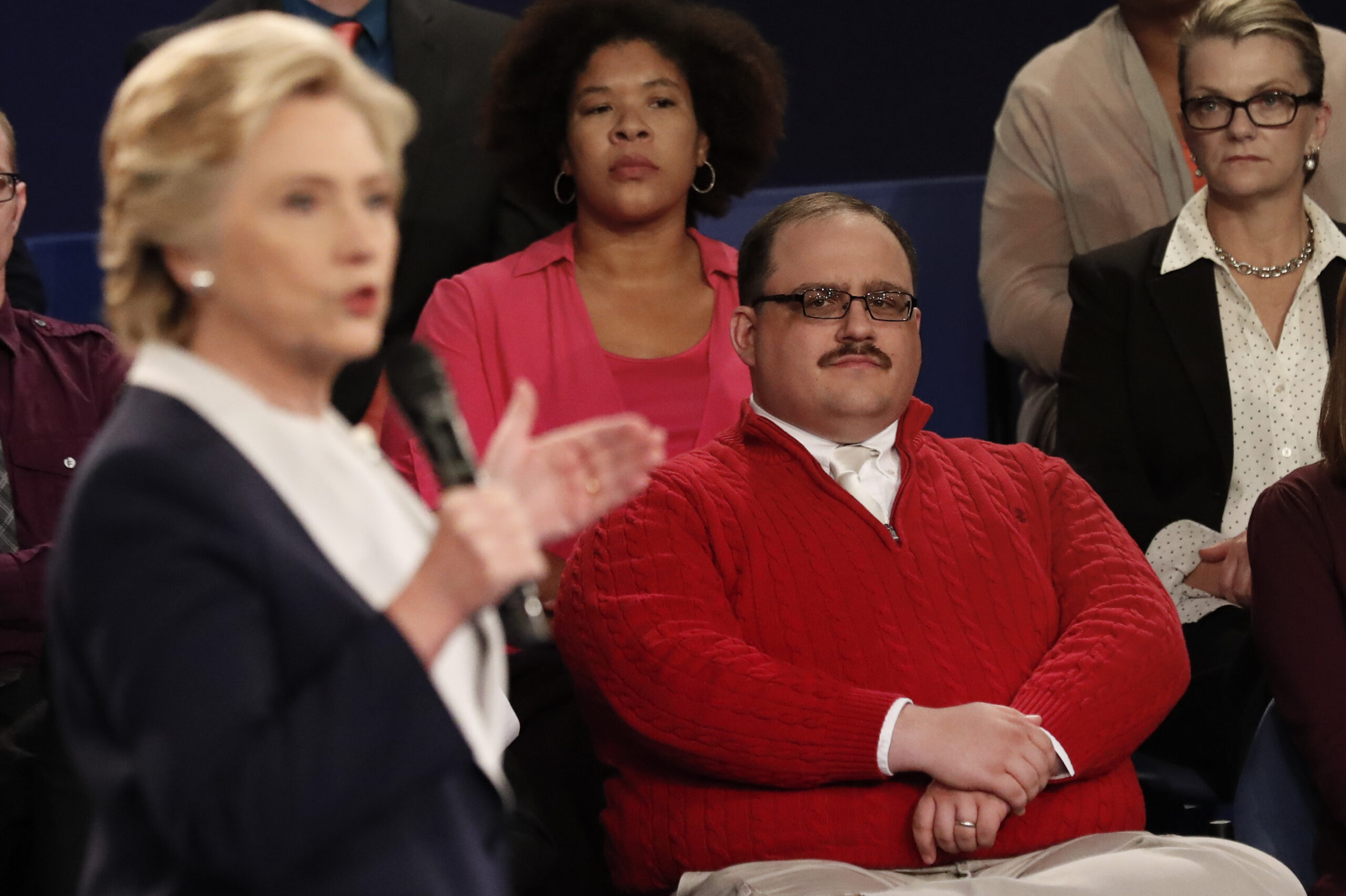 Kenneth Bone listens as Democratic presidential nominee Hillary Clinton answers a question during the second presidential debate with Republican presidential nominee Donald Trump at Washington University in St. Louis, Sunday, Oct. 9, 2016. (Rick T. Wilking/Pool Photo via AP) (AP)