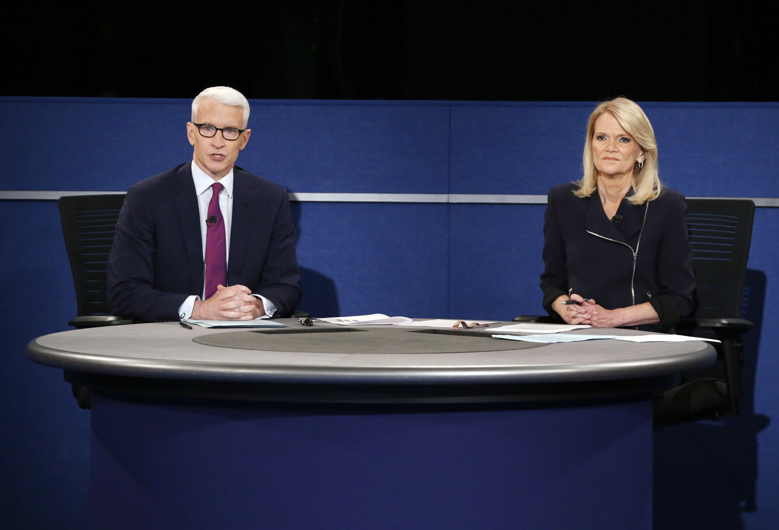 Anderson Cooper, of CNN, and Martha Raddatz, of ABC News, moderate the second presidential debate between Republican presidential nominee Donald Trump and Democratic presidential nominee Hillary Clinton at Washington University in St. Louis, Sunday, Oct. 9, 2016. (Jim Bourg/Pool via AP) (AP)