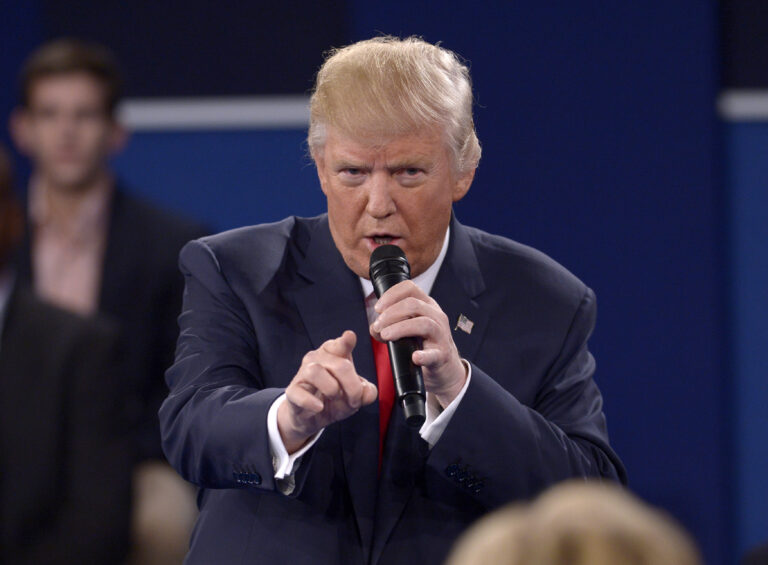 Republican presidential nominee Donald Trump speaks during the second presidential debate at Washington University in St. Louis, Sunday, Oct. 9, 2016. (Saul Loeb/Pool via AP) (AP)