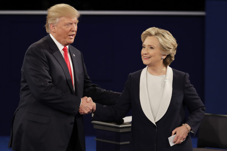Republican presidential nominee Donald Trump and Democratic presidential nominee Hillary Clinton shake hands after the second presidential debate at Washington University in St. Louis, Sunday, Oct. 9, 2016. (AP)
