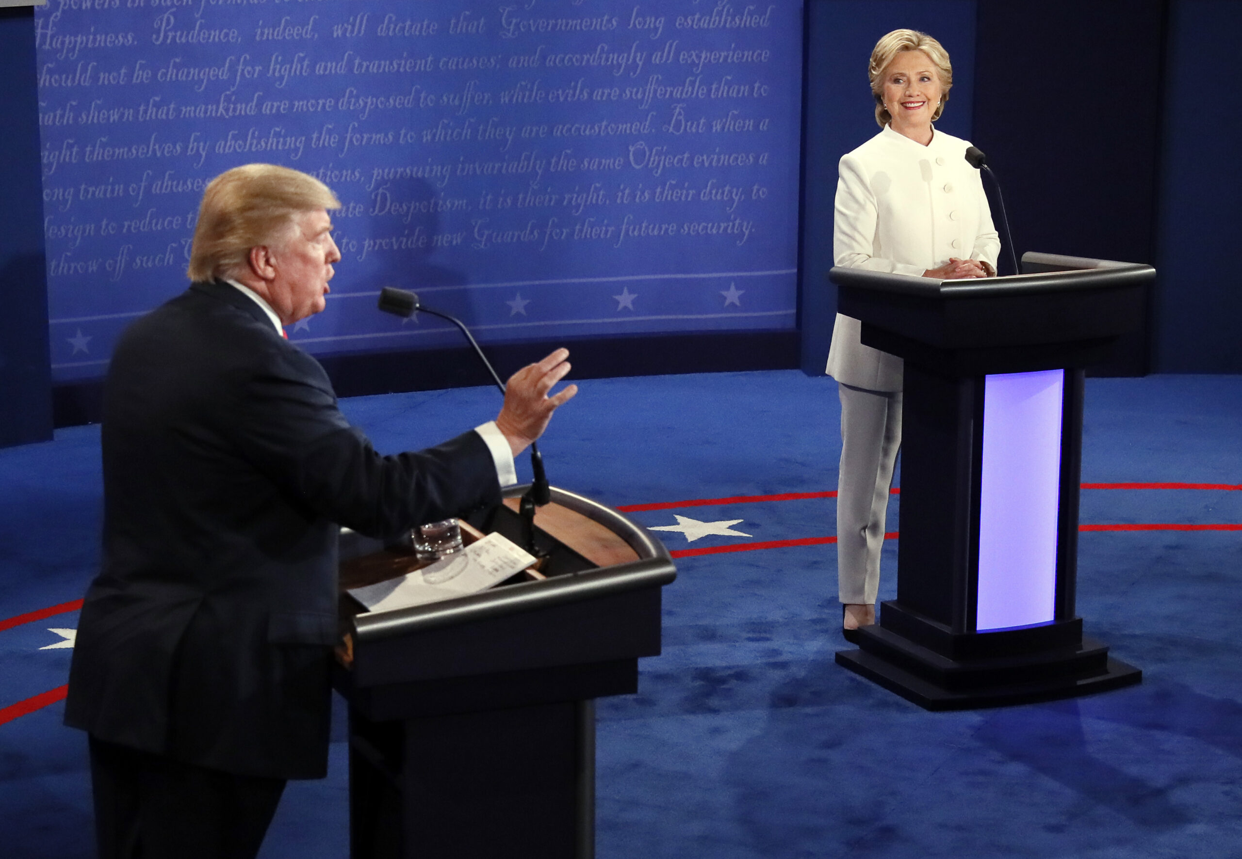 Republican presidential nominee Donald Trump debates Democratic presidential nominee Hillary Clinton during the third presidential debate at UNLV in Las Vegas, Wednesday, Oct. 19, 2016. (Mark Ralston/Pool via AP) (AP)