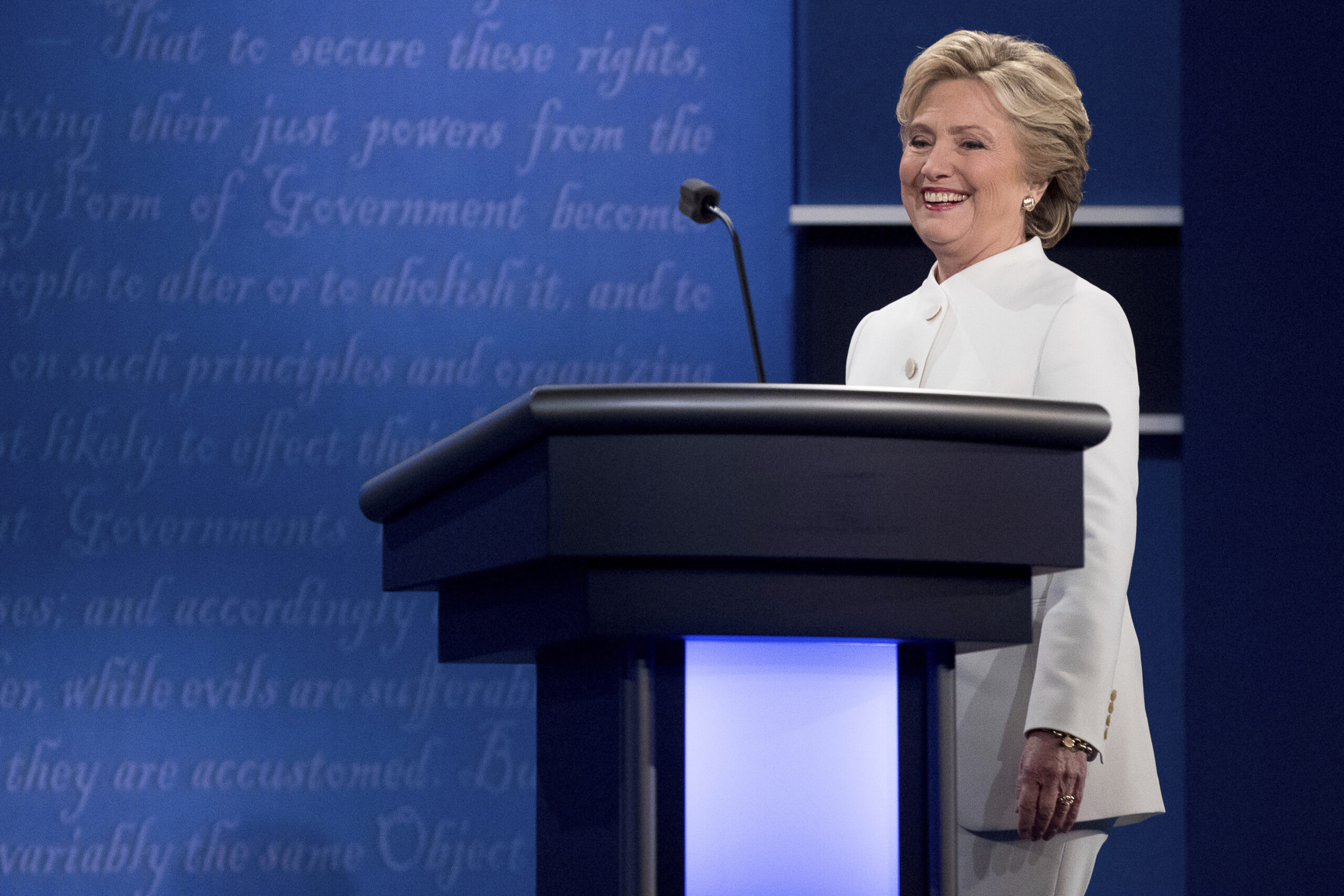 Democratic presidential candidate Hillary Clinton takes the stage for the third presidential debate at University of Nevada in Las Vegas, Wednesday, Oct. 19, 2016. (AP Photo/Andrew Harnik) (AP Photo/Andrew Harnik)