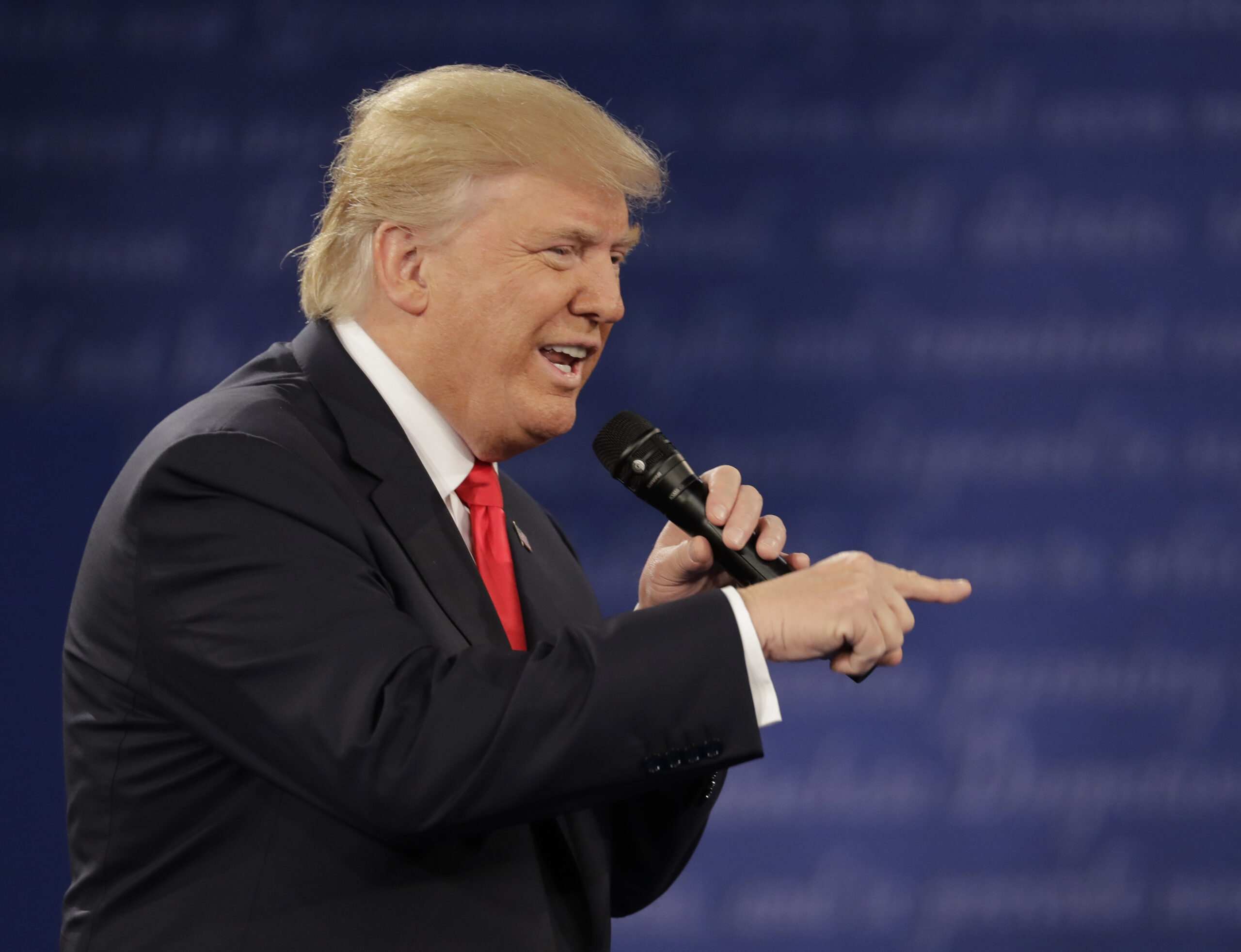 Republican presidential nominee Donald Trump speaks during the second presidential debate with  Democratic presidential nominee Hillary Clinton at Washington University in St. Louis, Sunday, Oct. 9, 2016. (AP Photo/Patrick Semansky) (AP)