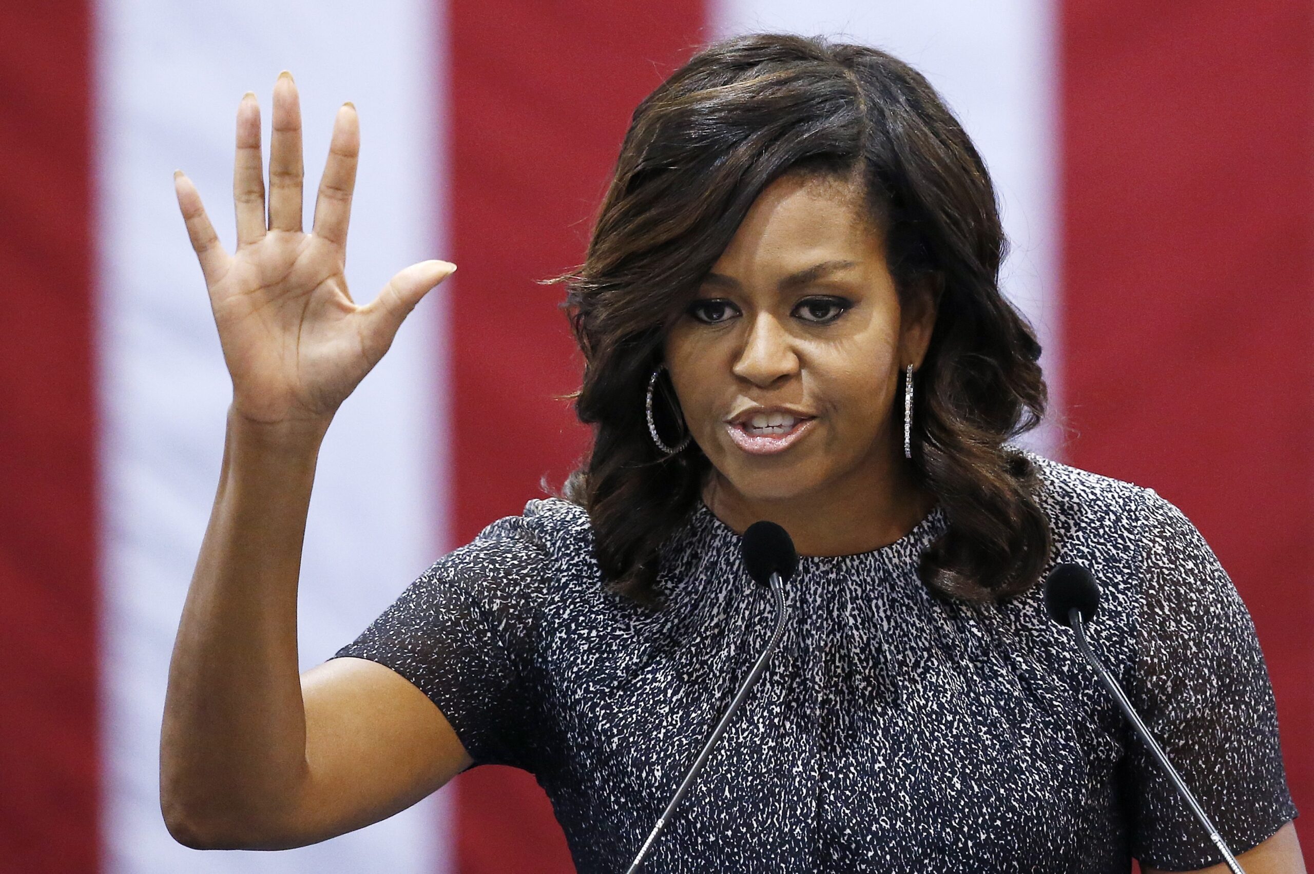 First lady Michelle Obama waves to the crowd after speaking during a campaign rally for Democratic presidential candidate Hillary Clinton Thursday, Oct. 20, 2016, in Phoenix. (AP Photo/Ross D. Franklin) (AP)