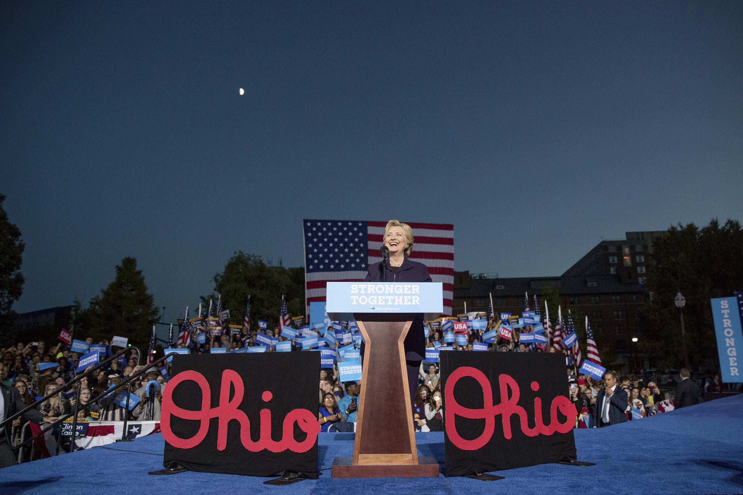 FILE - In this Oct. 10, 2016 file photo, Democratic presidential candidate Hillary Clinton smiles while speaking at a rally at The Ohio State University in Columbus, Ohio. (AP)