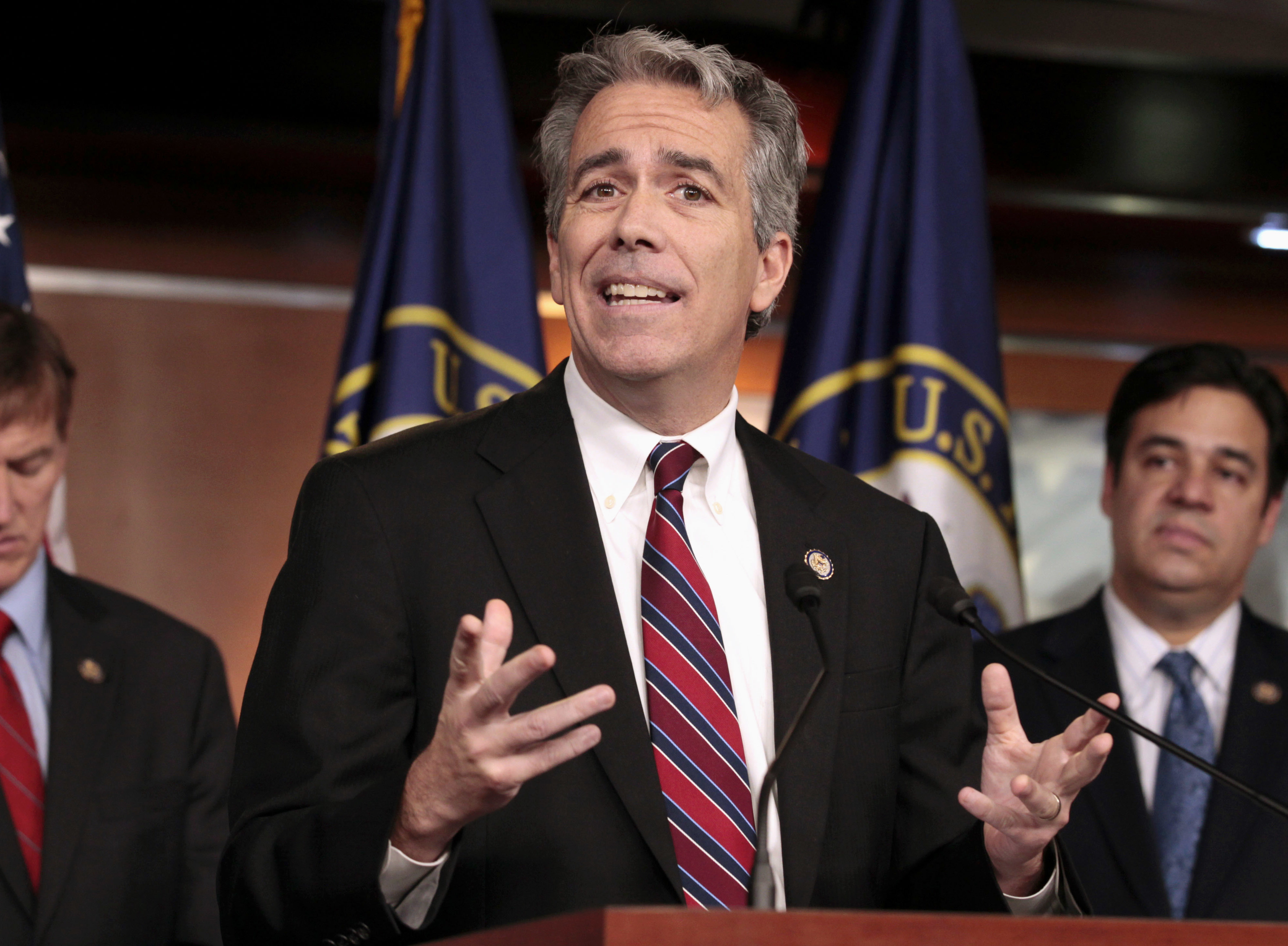 FILE - In this Nov. 15, 2011, file photo former U.S. Rep. Joe Walsh, R-Ill., gestures during a news conference on Capitol Hill in Washington. Walsh tweeted on Oct. 26, 2016, that he plans plans to grab his musket if GOP nominee Donald Trump loses the presidential election. Walsh later said on Twitter that he was referring to “acts of civil disobedience.” (AP Photo/Carolyn Kaster, File) (AP)