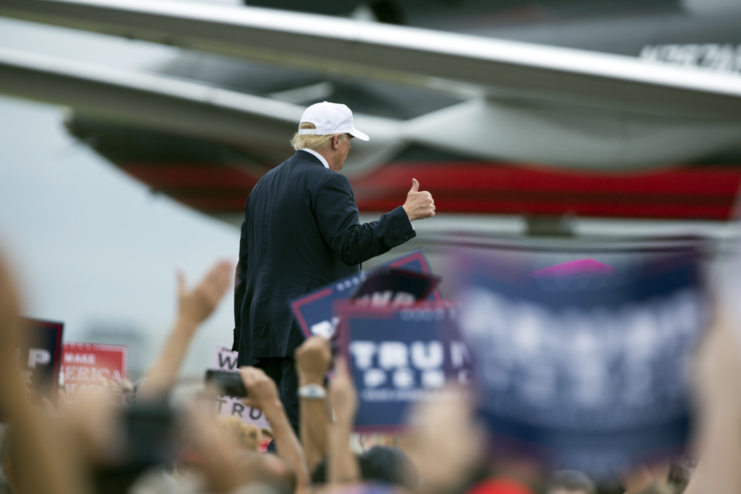 Republican presidential candidate Donald Trump walks to his plane after speaking during a campaign rally, Wednesday, Oct. 12, 2016, in Lakeland, Fla. (AP Photo/ Evan Vucci) (AP)