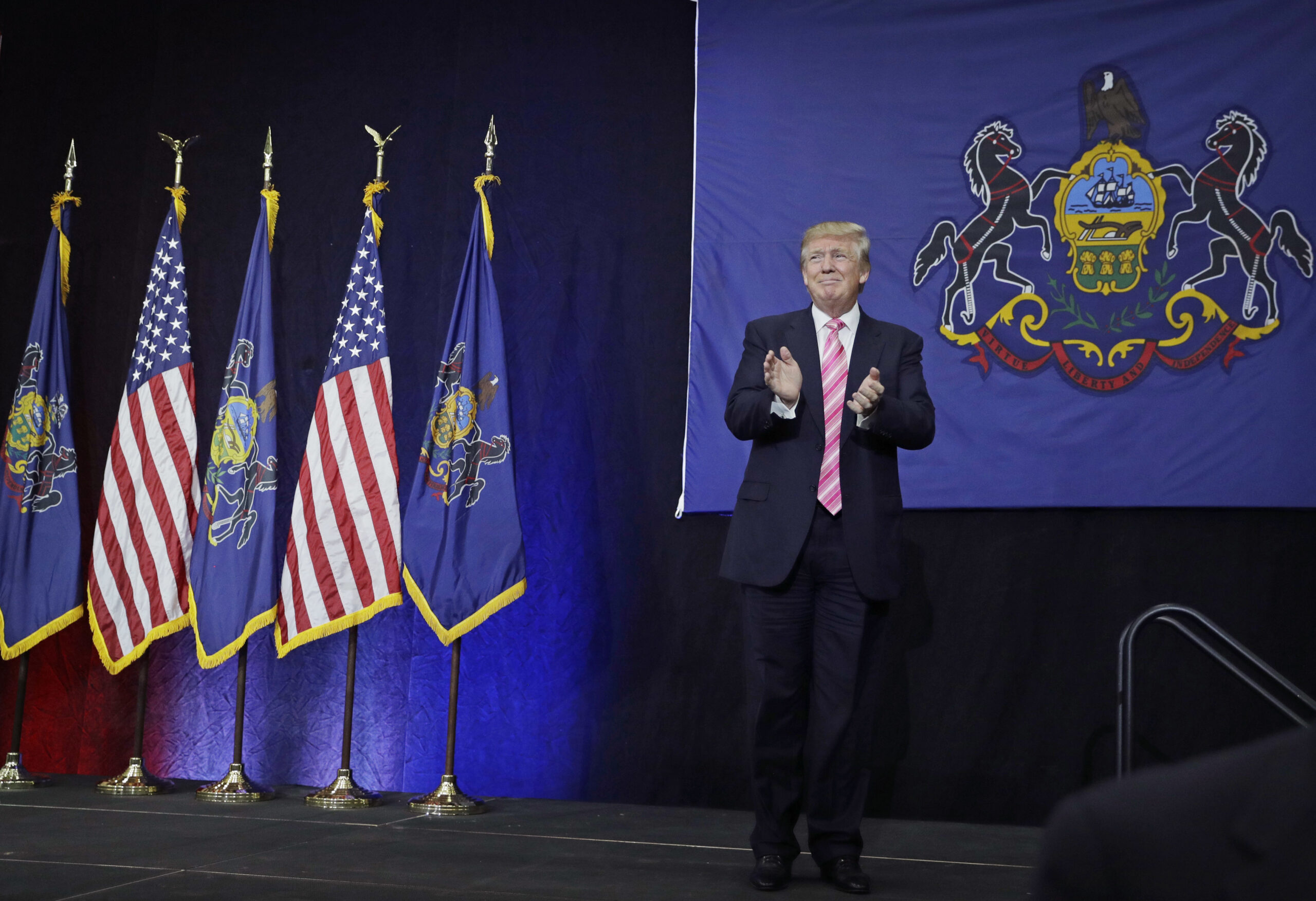 Republican presidential candidate Donald Trump takes the stage at a rally, Saturday, Oct. 1, 2016, in Manheim, Pa. (AP Photo/John Locher) (AP)