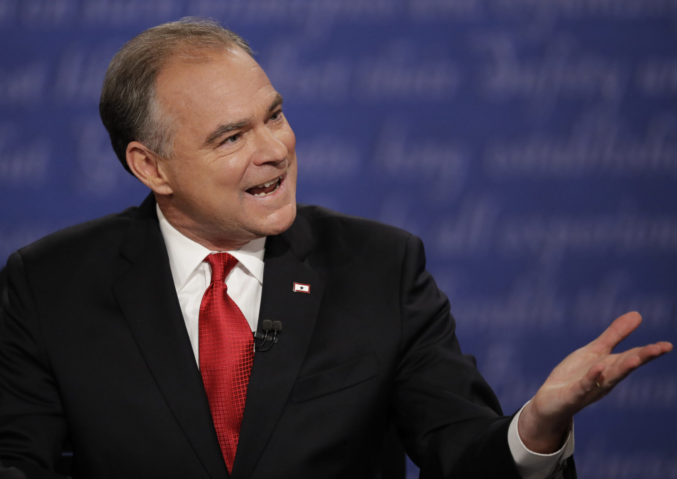 Democratic vice-presidential nominee Sen. Tim Kaine speaks to Republican vice-presidential nominee Gov. Mike Pence during the vice-presidential debate at Longwood University in Farmville, Va., Tuesday, Oct. 4, 2016. (AP Photo/Julio Cortez) (AP)