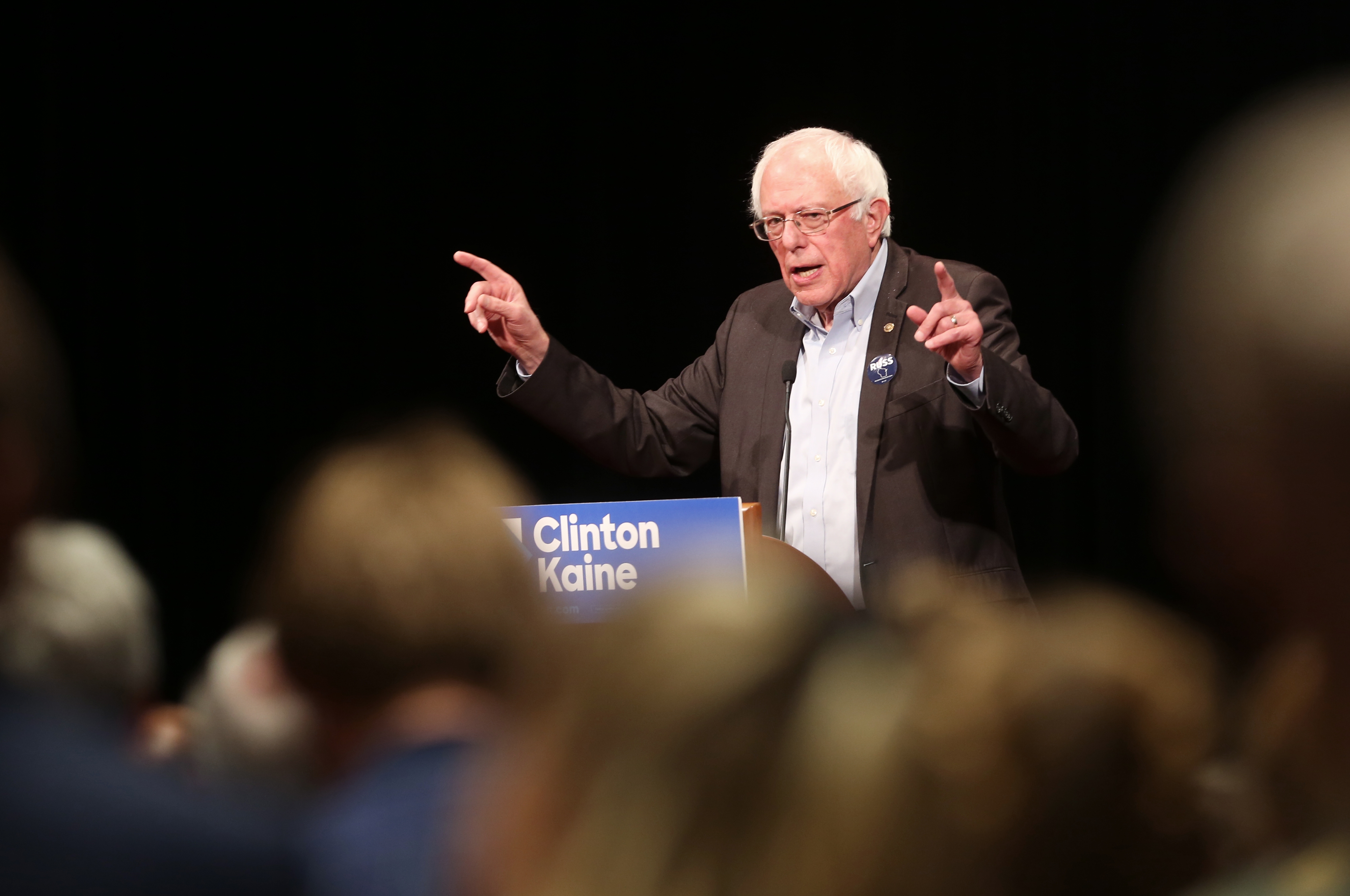 Sen. Bernie Sanders, I-Vt., speaks to a crowd as he campaigns for Democratic presidential candidate Hillary Clinton and Russ Feingold, Democratic candidate for the U.S. Senate, at Monona Terrace Community and Convention Center in Madison, Wis., Wednesday, Oct. 5, 2016. (Amber Arnold/Wisconsin State Journal via AP) (AP)